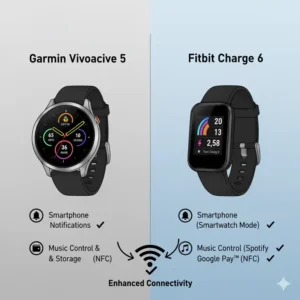 Illustration depicting smart features like notifications, music control, and NFC payments, comparing their implementation on the Garmin Vivoactive 5 vs Fitbit Charge 6.