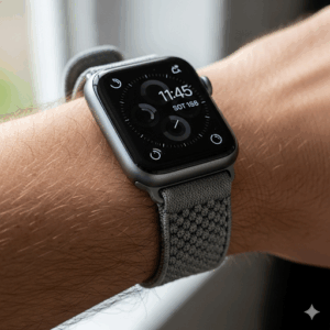 A man's wrist with an Apple Watch featuring a durable, gray stretch watch band for Apple Watch, ideal for daily wear.