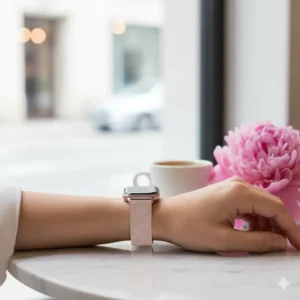 A sleek and fashionable elastic watch strap for women, emphasizing its effortless style and versatility.