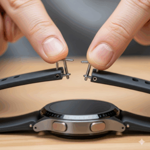 A close-up demonstrating the quick-release pins on a 20mm Galaxy Watch band, illustrating how easy it is to change.