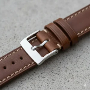 A hand holding an affordable leather watch straps, showcasing the high-quality stitching.