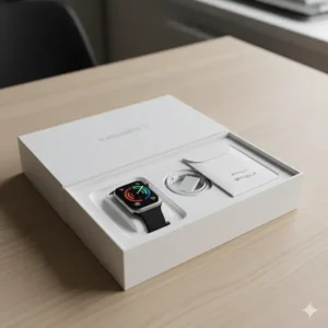 An unboxing image of the Apple Watch MTF32LL/A, showing its contents in the original packaging.