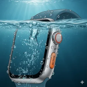 An illustration of the Apple Watch Ultra casing submerged in water, symbolizing its enhanced water resistance for diving and water sports. The image emphasizes the sealed and reinforced design.