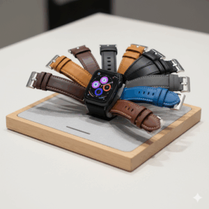 A display showing a black apple watch with leather strap, alongside a variety of interchangeable straps in different colors and styles.