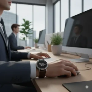  An elegant fashionable digital watch worn in a professional office environment, showcasing its sophisticated design suitable for business and formal wear.