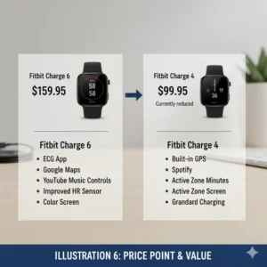 A simplified chart or graphic comparing the typical retail price points of the Fitbit Charge 6 vs 4, along with the added value each offers. 