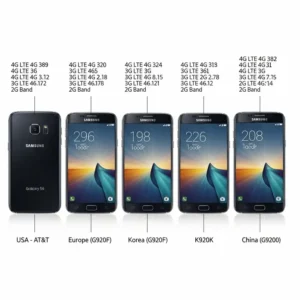 A detailed diagram of the Samsung Galaxy S6, highlighting the internal antenna locations responsible for receiving signals on various network bands. 