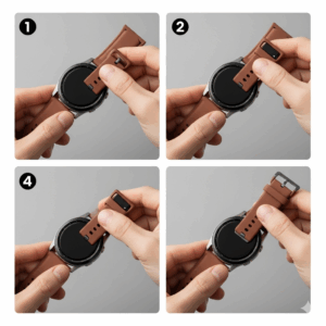  A step-by-step image guide showing how to easily swap out galaxy watch 5 bands 44mm using the quick-release pins.
