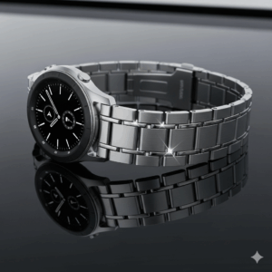 An elegant metal link band on a Galaxy Watch 6 44mm, demonstrating a professional look suitable for business and formal occasions.