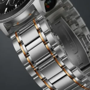 A polished stainless steel metal link Galaxy Watch 7 44mm band, highlighting its sleek design.