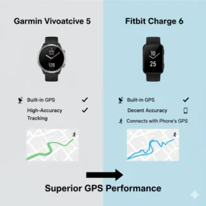 Visual showing GPS tracking capabilities and accuracy, comparing how the Garmin Vivoactive 5 vs Fitbit Charge 6 perform during outdoor activities.