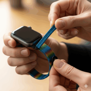  A person demonstrating how to easily install a stretch watch band for Apple Watch.