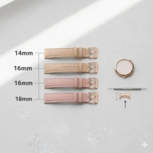 Guide to ladies watch straps replacement sizes, illustrating different widths for accurate fitting.