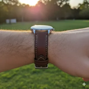 A side-view photo of a watch with a long band comfortably fastened on a wrist, demonstrating proper fit with long watch bands.
