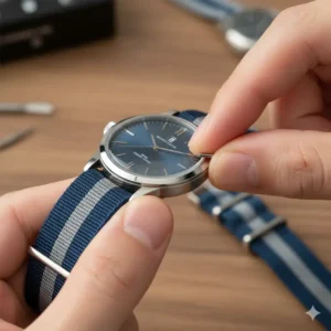 A quick-release elastic watch strap with a detailed view of the spring bars, highlighting the easy installation process.