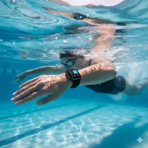 A person swimming with a waterproof smartwatch on their wrist, showing alternatives to fitbit suitable for tracking aquatic activities. 