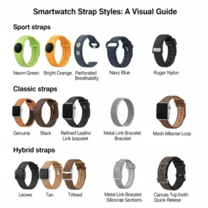A visual guide displaying various types of smartwatch watch strap, including sport, classic, and hybrid styles.