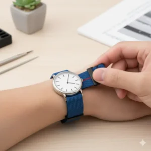 An adjustable elastic watch strap with a metal buckle, demonstrating its ability to be customized for a perfect fit on any wrist size.