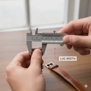 An image of a watch on a wrist with a blue-hued affordable leather watch straps.