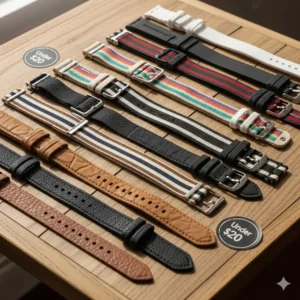  A full collection of different cheap watch straps and bands laid out on a table, ready for selection.