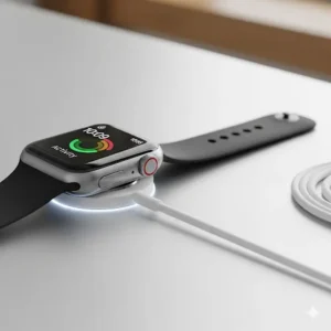 The Apple Watch MTF32LL/A being charged on its magnetic charging cable.