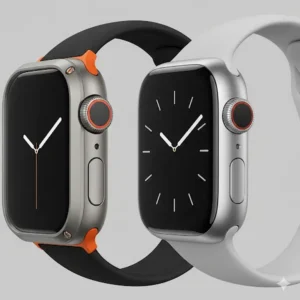 A side-by-side comparison of the Apple Watch Ultra casing with a standard Apple Watch, visually demonstrating the size difference, the more pronounced crown guard, and the overall ruggedness of the Ultra model.