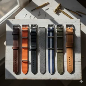 An overhead shot of a collection of extra long watch bands in various materials and styles, including leather, nylon, and metal.