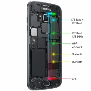 A detailed diagram of the Samsung Galaxy S6, highlighting the internal antenna locations responsible for receiving signals on various network bands. 
