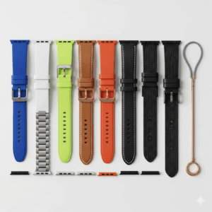 An overhead flat lay of various galaxy watch 5 bands 44mm in different materials and colors, including silicone, leather, and metal, laid out on a clean background.