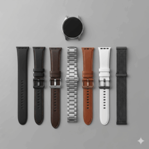A flat lay of different types of galaxy watch 6 44mm bands, including sport, leather, and metal options, providing a visual comparison of styles.