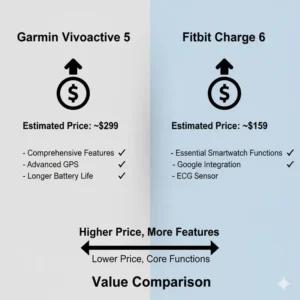Chart or graphic comparing the price points and overall value proposition of the Garmin Vivoactive 5 vs Fitbit Charge 6 for potential buyers.