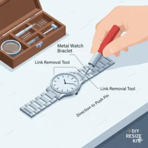Image of a tool kit used to resize a metal watch bracelet, offering a professional alternative to a full strap replacement. Image of a tool kit used to resize a metal watch bracelet, offering a professional alternative to a full strap replacement.