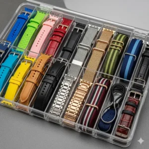An organizer case filled with a variety of colorful smartwatch watch strap, neatly arranged by material and style.