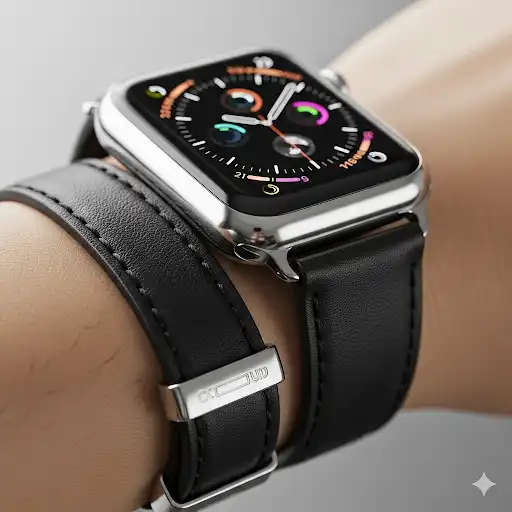 A stunning close-up of an Apple Watch with a stylish black leather double-tour band wrapped elegantly around a wrist.