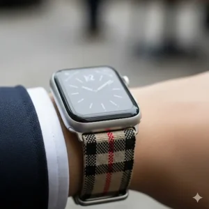 A close-up shot of a sleek Apple Watch Burberry strap, highlighting the classic Burberry Nova Check plaid pattern.