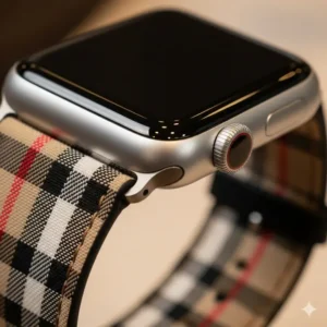 A macro image highlighting the intricate stitching and authentic branding on a genuine Apple Watch Burberry strap.