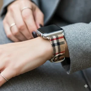A flat-lay photo of various Apple Watch Burberry strap options with a Nova Check pattern.