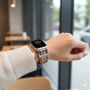 A close-up of a man's wrist featuring an Apple Watch Burberry strap with a bold and masculine design.
