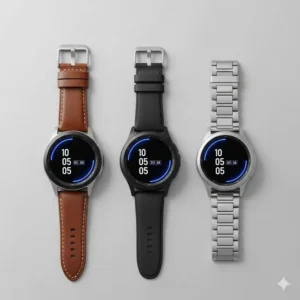 A side-by-side comparison of different watch bands for the Galaxy Watch 4, including leather, silicone, and metal, to help users choose.