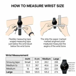 An image or chart illustrating how to measure your wrist for the correct size of a watch band for the Galaxy Watch 4.