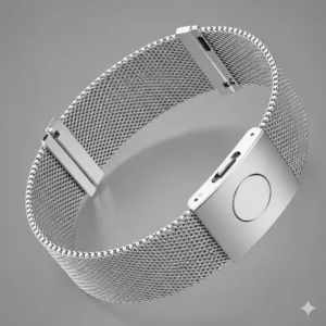 A detailed image of a stainless steel metal link band on a Galaxy Watch 4, emphasizing its professional and classic look.