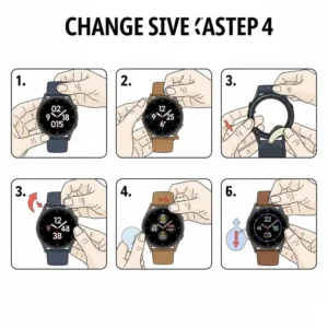  Step-by-step illustrations showing how to easily change or replace a watch band on the Galaxy Watch 4.