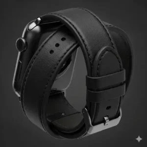 A detailed shot of the black Apple Watch double-tour band, highlighting its sleek design and high-quality leather material.