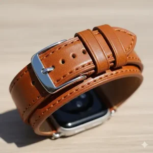 A full view of the brown Apple Watch double-tour band, showcasing the rich color and the classic buckle closure. 