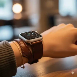 A lifestyle shot of the Apple double watch band worn on a person's wrist, emphasizing how it adds a chic, fashionable touch. 