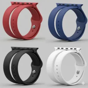 A collage showing the Apple double watch band available in a variety of colors like red, blue, and white, displayed side-by-side.