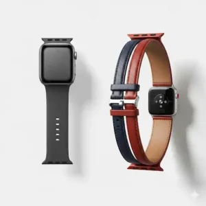 A side-by-side comparison of a standard Apple Watch band and the new double-tour band, showing the distinctive wrapped design.