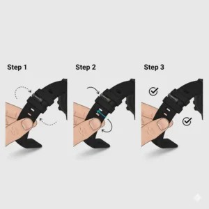 Step-by-step image demonstrating the easy installation of a QuickFit Fenix 5X watch strap.
