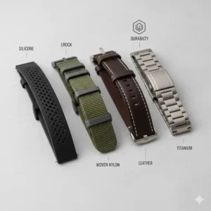 A comparative display showing the different materials of Fenix 5 watch bands, including silicone, nylon, and metal.