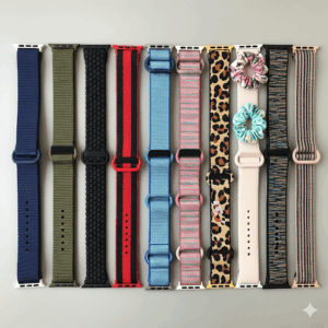  A collection of different stretch watch bands for Apple Watch, laid out to show the variety of colors and styles available.